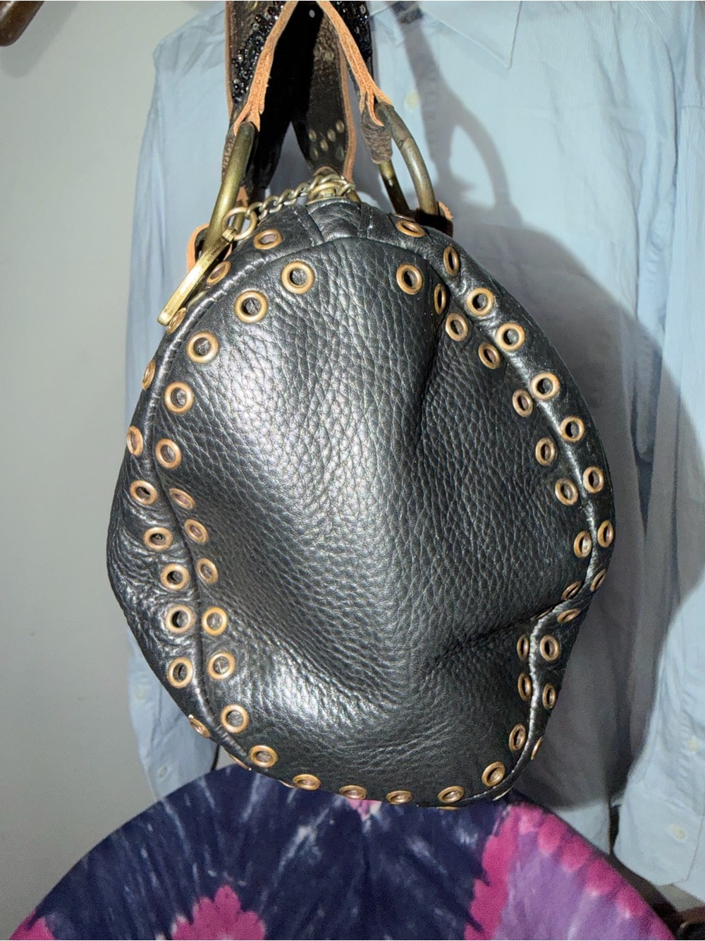 Vintage Betsey Johnson Black Studded Leather Satchel Handbag - Picture 5 of 7